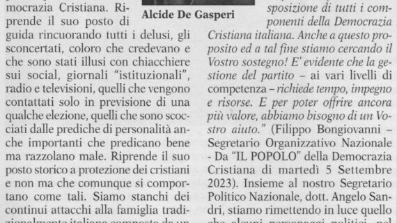 LA DEMOCRAZIA CRISTIANA DELLA PROVINCIA DI ROMA STA “SCALDANDO I MOTORI” IN VISTA DEL XXV° CONGRESSO PROVINCIALE DEL PARTITO DELLO SCUDO CROCIATO